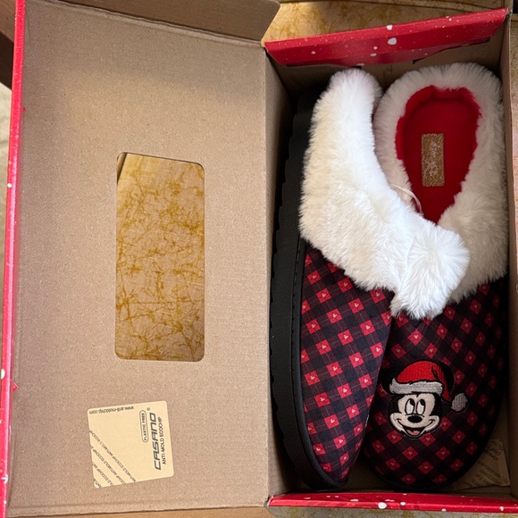 Disney Mickey Mouse Plush Holiday Mens Red & Black Faux Fur XMas House Slippers